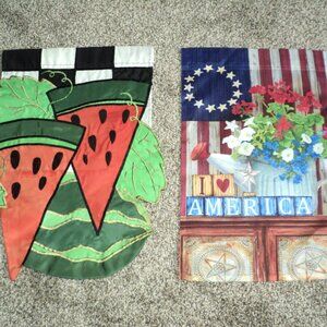 Set of 2 Garden Flags, Briarwood Lane Patriotic Flag & Vtg Appliqued Watermelon